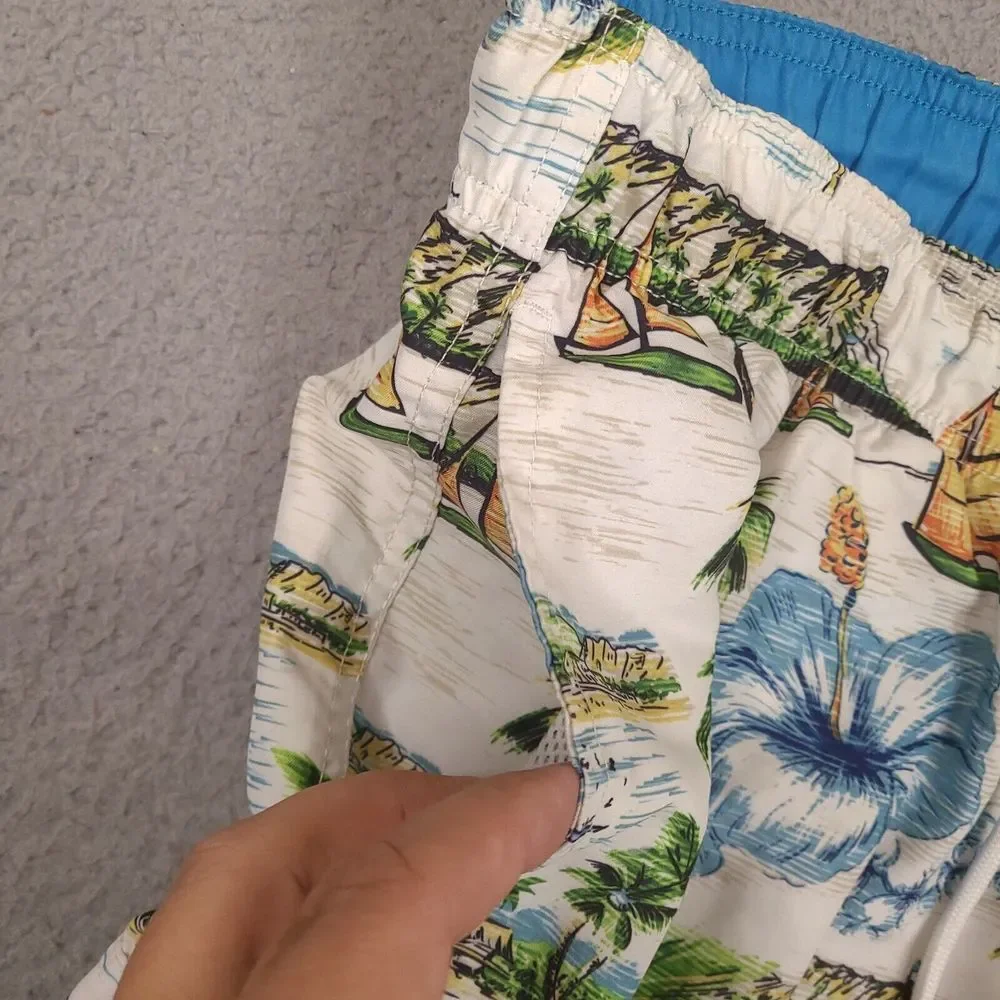 Croft &‎ Barrow Swim Trunks Mens Large White Hawaiian Floral Sailboat Palm Lined